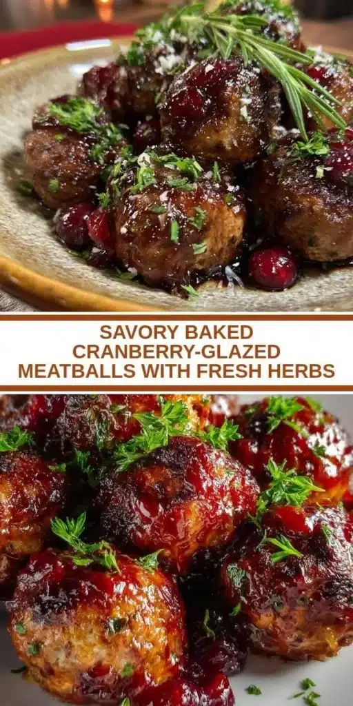 Savory baked cranberry-glazed meatballs topped with fresh herbs.