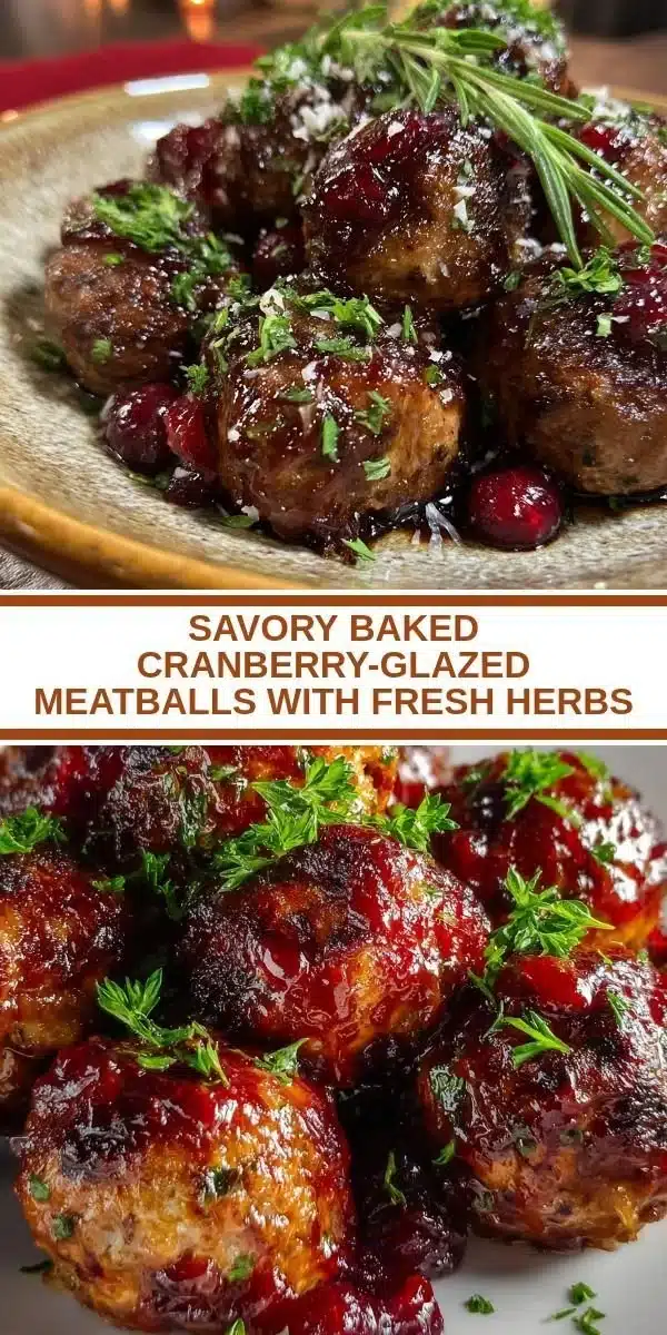 Savory baked cranberry-glazed meatballs topped with fresh herbs.