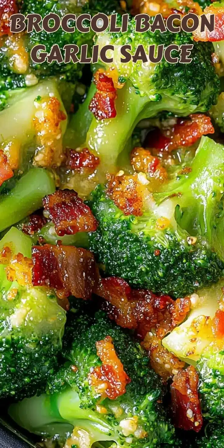 Savory Broccoli With Garlic Sauce & Bacon You'll Crave 6 Savory broccoli with garlic sauce and crispy bacon served in a dish.