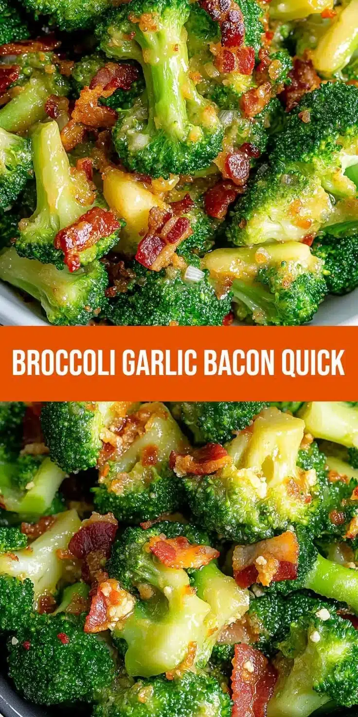 Savory broccoli with garlic sauce and crispy bacon in a serving bowl