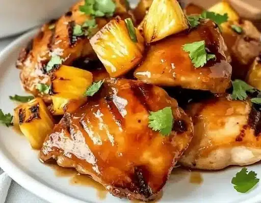 Savory brown sugar pineapple chicken served on a platter with fresh herbs