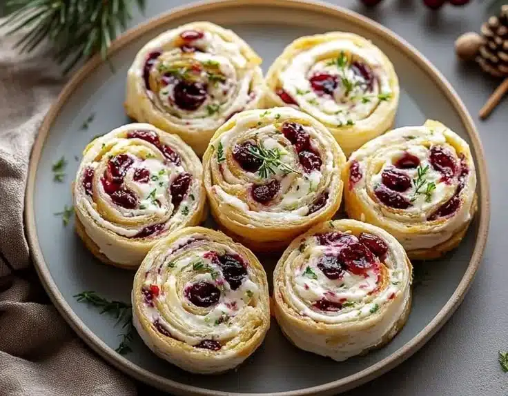 Savory Christmas cranberry roll ups on a festive platter