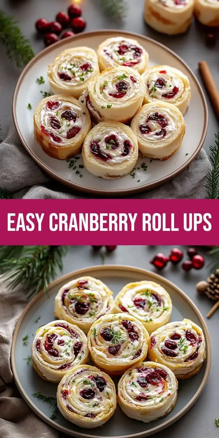 Savory Christmas cranberry roll ups served on a festive platter