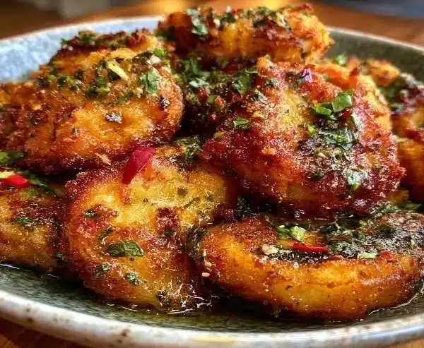 Savory crispy fried false dish topped with zesty herb infusion