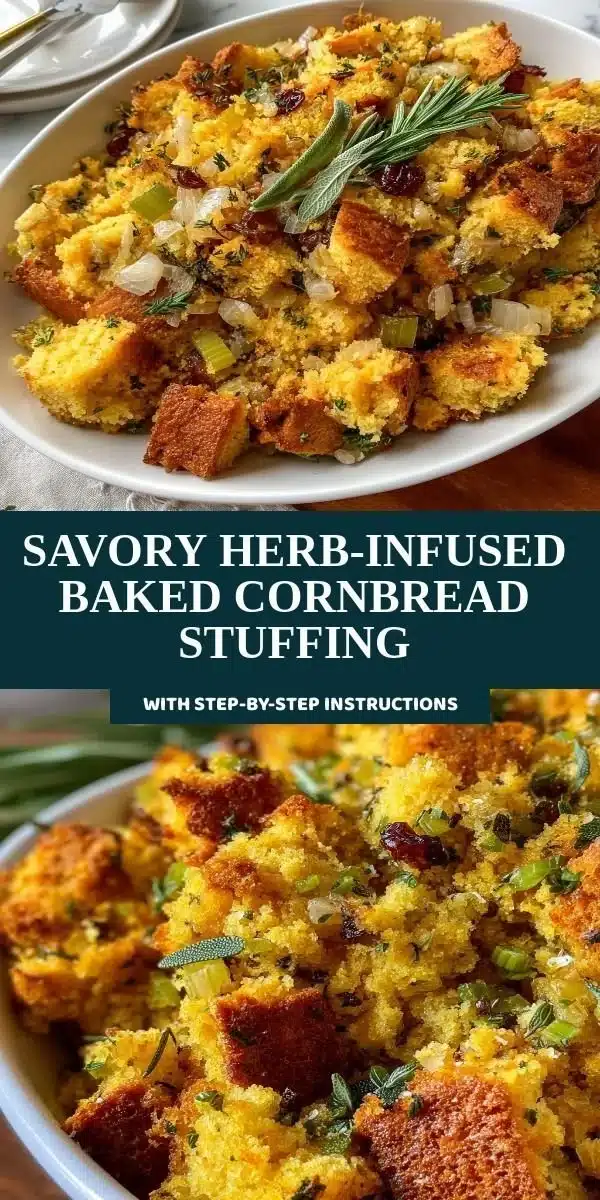 Savory baked cornbread stuffing infused with herbs for a delicious side dish.