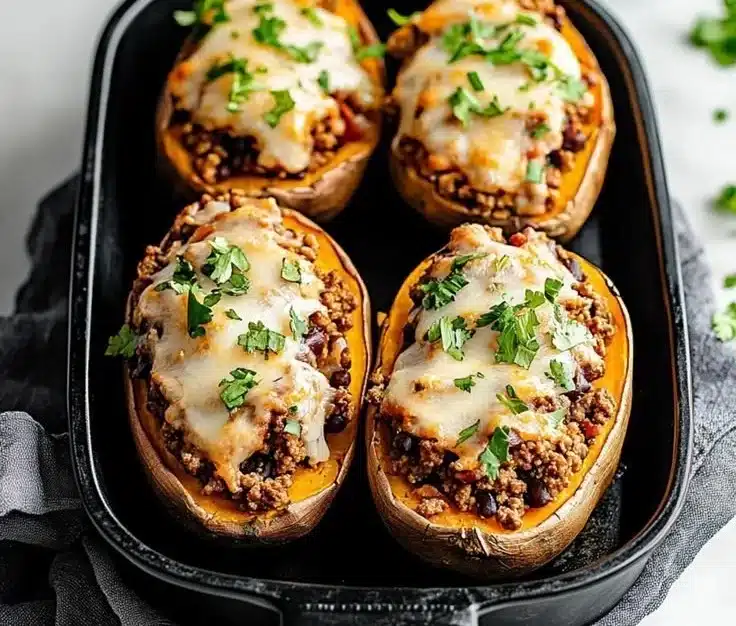 Savory ground turkey stuffed sweet potatoes topped with herbs and spices