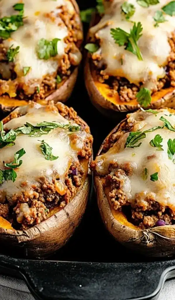 High protein ground turkey stuffed sweet potatoes topped with herbs and spices.