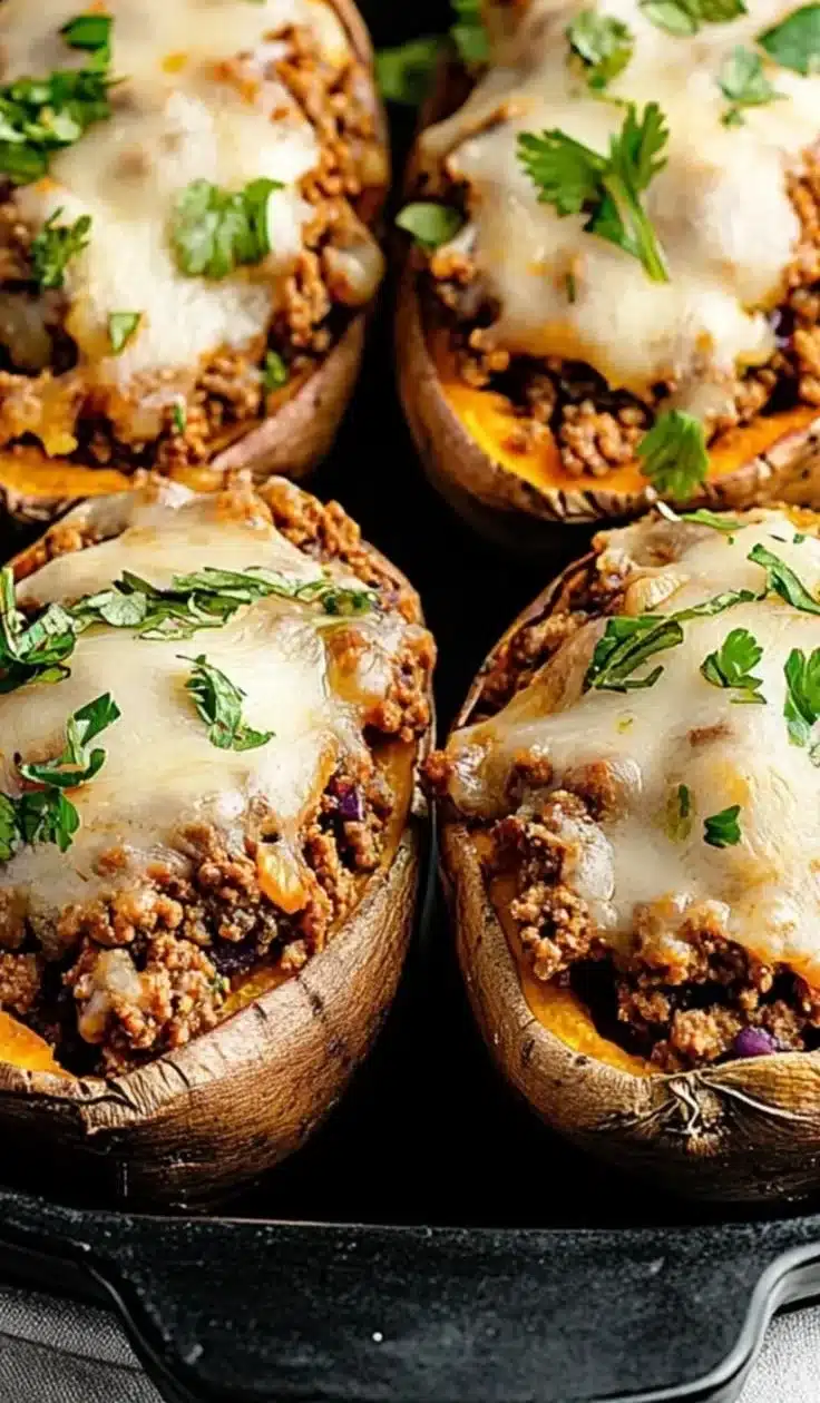 High protein ground turkey stuffed sweet potatoes topped with herbs and spices.