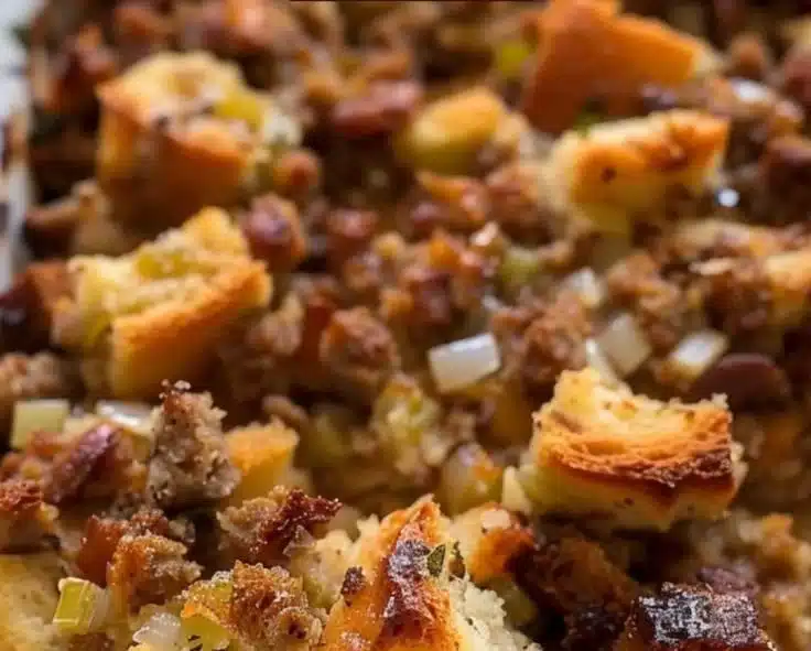 Savory panettone stuffing with Italian sausage and herbs in a baking dish.