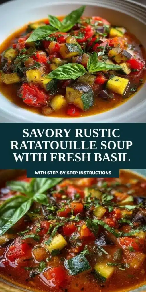 Savory rustic ratatouille soup garnished with fresh basil and colorful vegetables