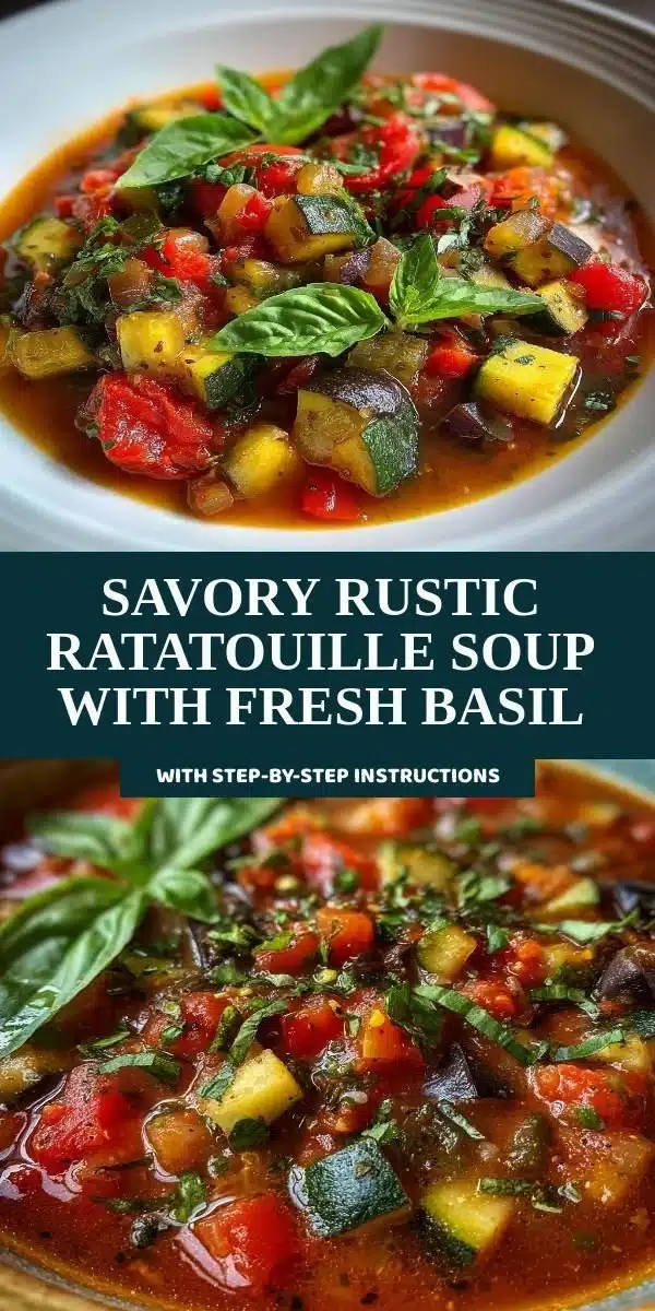 Savory rustic ratatouille soup garnished with fresh basil and colorful vegetables