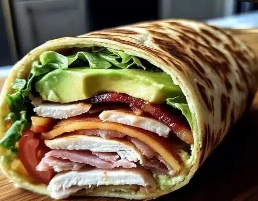 Turkey Avocado Club Wrap with fresh ingredients on a plate