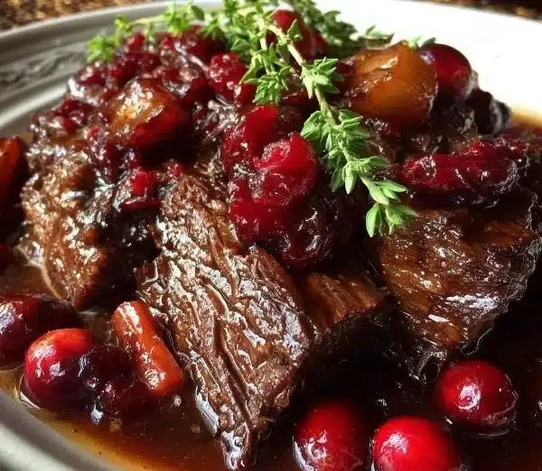 Slow-braised beef roast with cranberry balsamic glaze served on a plate