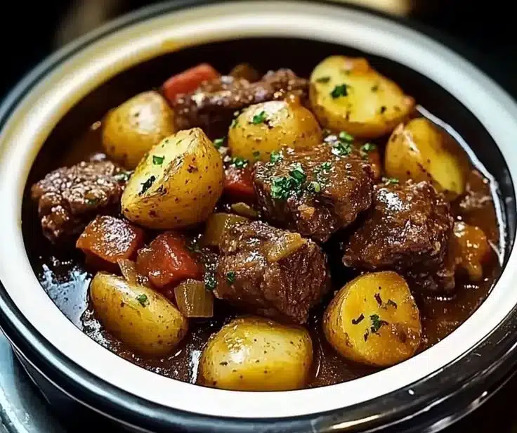 Slow Cooker Garlic Butter Beef Bites & Potatoes, Irresistibly Good 9 Slow cooker garlic butter beef bites served with potatoes
