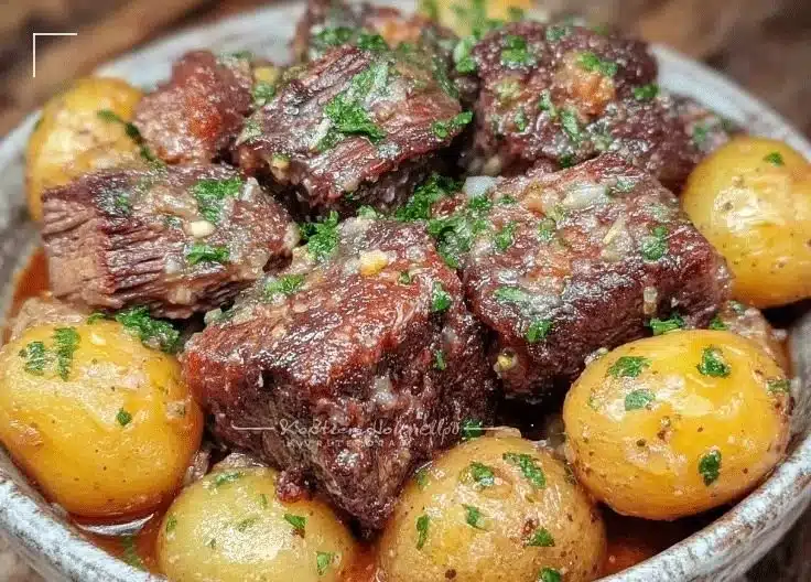 Slow Cooker Garlic Butter Beef with Potatoes served in a rustic dish