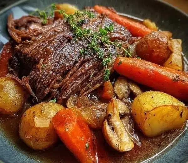 Delicious slow cooker pot roast served with vegetables and herbs.