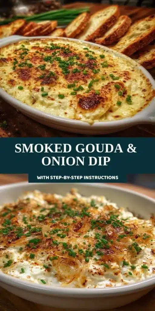 Delicious smoked gouda and onion dip served in a bowl with chips