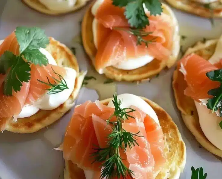 Smoked salmon and dill blini cake garnished with fresh herbs.