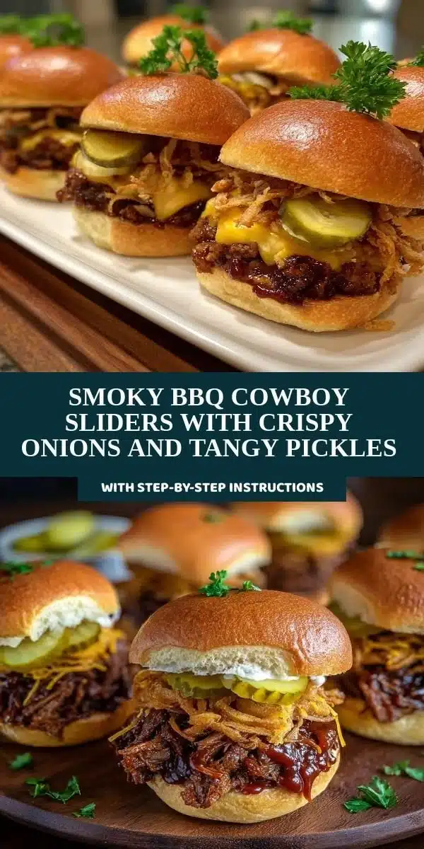 Smoky BBQ Cowboy Sliders with Crispy Onions and Tangy Pickles 8 Smoky BBQ cowboy sliders topped with crispy onions and tangy pickles