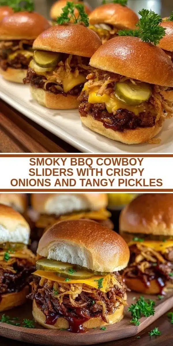 Smoky BBQ cowboy sliders topped with crispy onions and tangy pickles on a wooden platter.