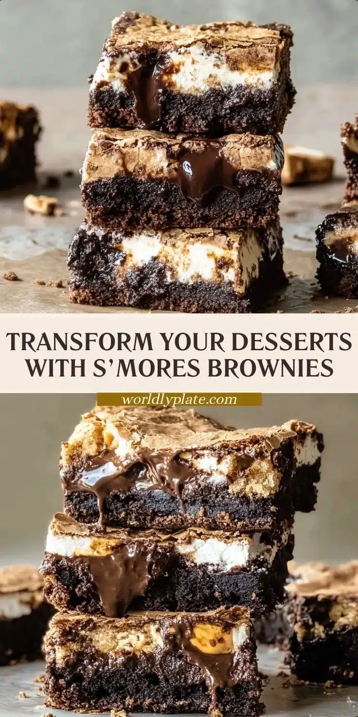 Delicious S'mores Brownies topped with marshmallows and graham crackers