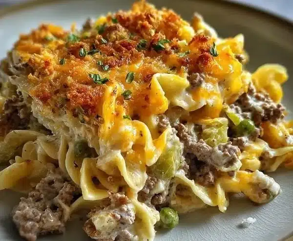 Creamy sour cream beef noodle casserole baked with tender beef and noodles