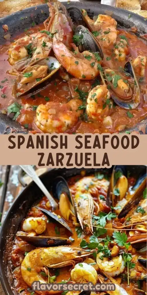 A delicious plate of Spanish Seafood Zarzuela featuring fresh fish and shellfish.