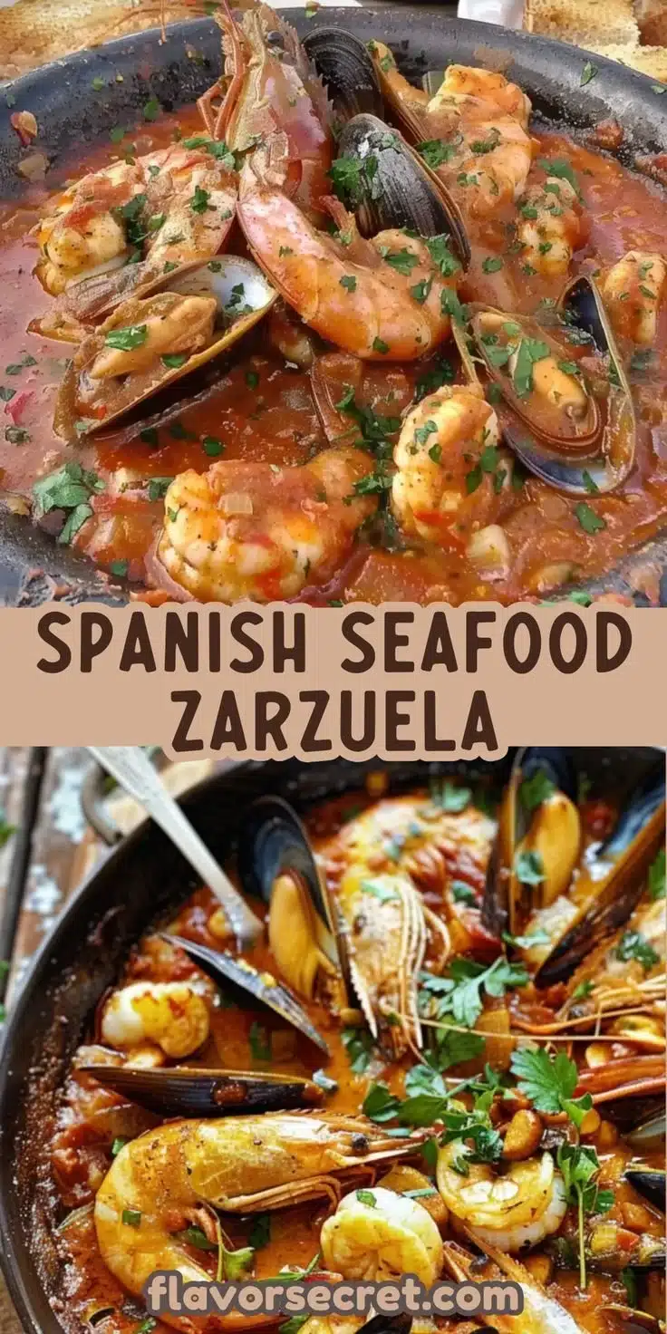 Spanish Seafood Zarzuela 4 A delicious plate of Spanish Seafood Zarzuela featuring fresh fish and shellfish.