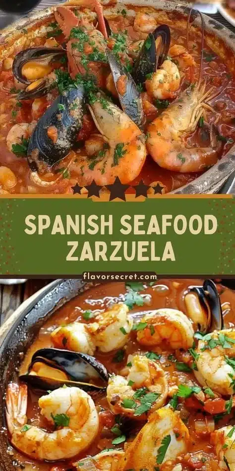 A beautifully presented dish of Spanish Seafood Zarzuela with diverse seafood ingredients.