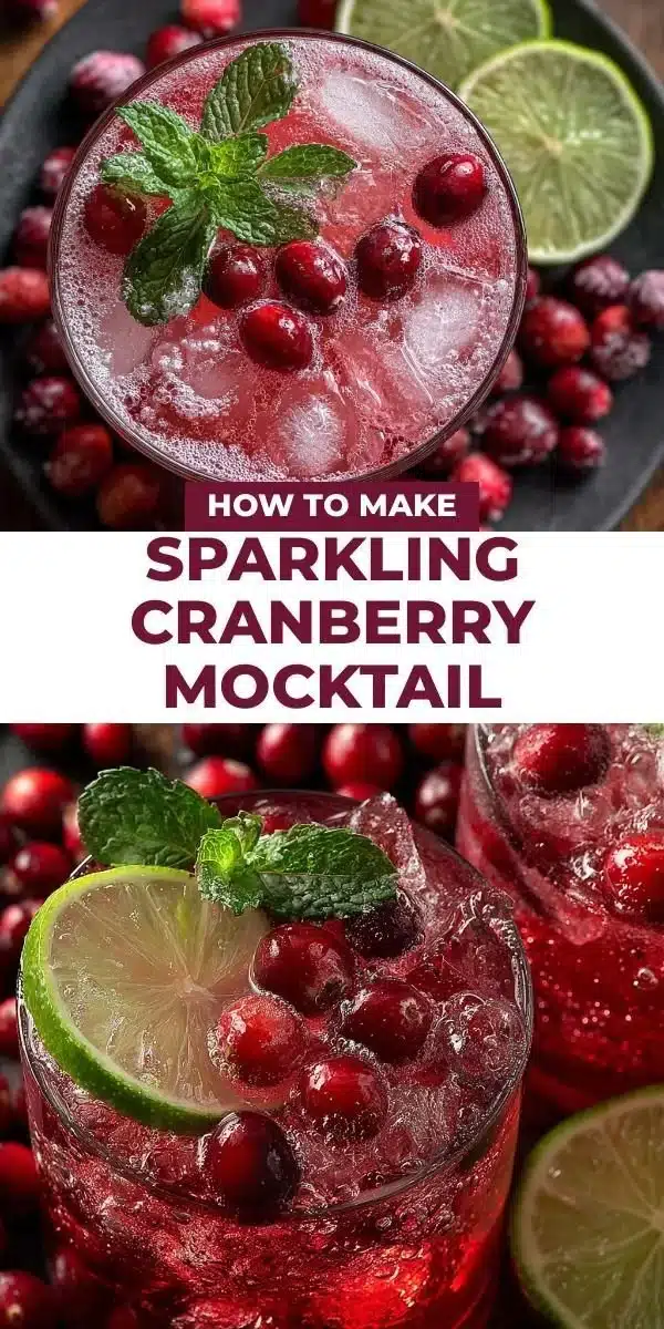 Sparkling cranberry mocktail served in a glass with fresh cranberries and ice.