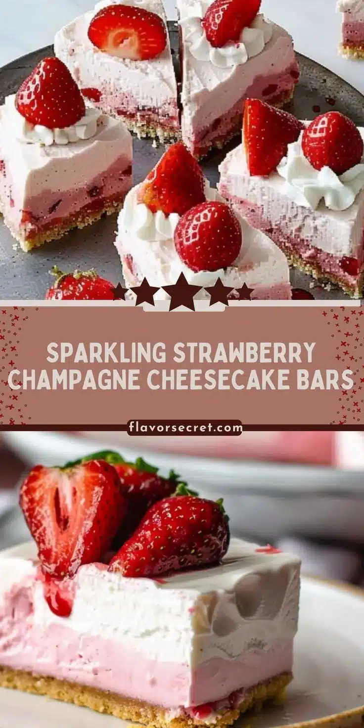Sparkling Strawberry Champagne Cheesecake Bars topped with fresh strawberries