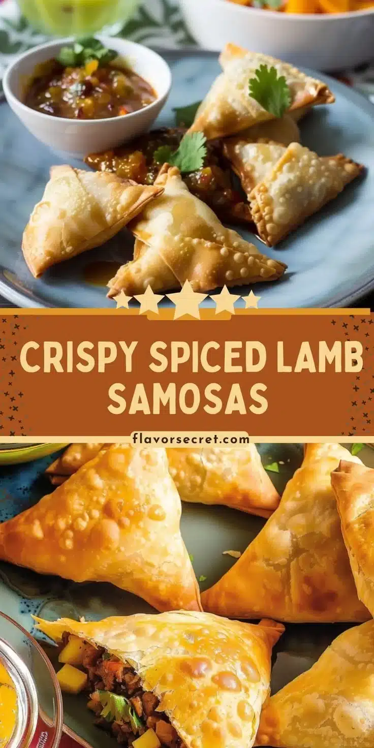 Spiced Lamb Samosas with Mango Chutney 8 Spiced lamb samosas served with a side of mango chutney on a plate.