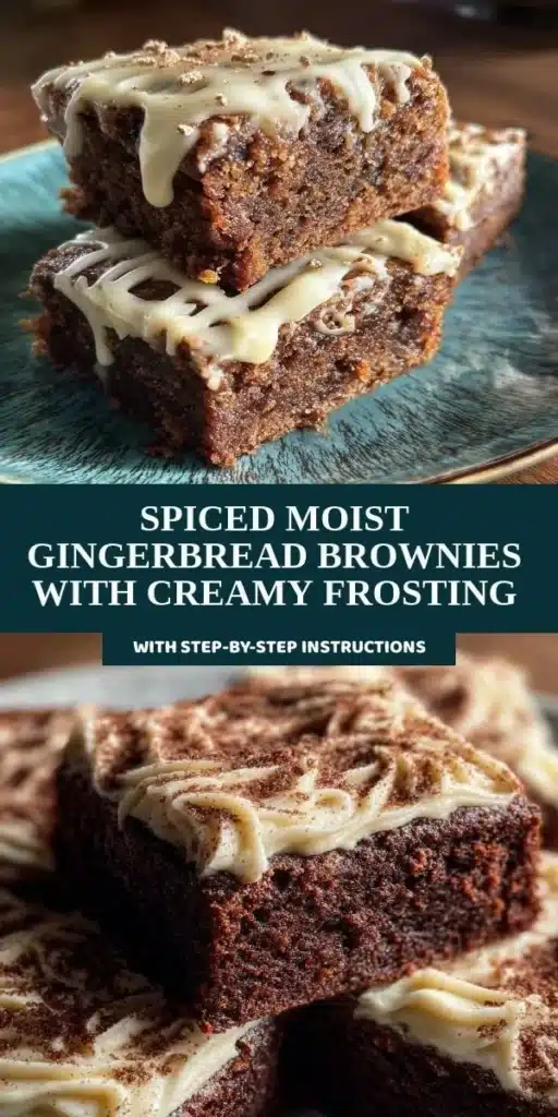 Decadent spiced gingerbread brownies with creamy frosting on top.