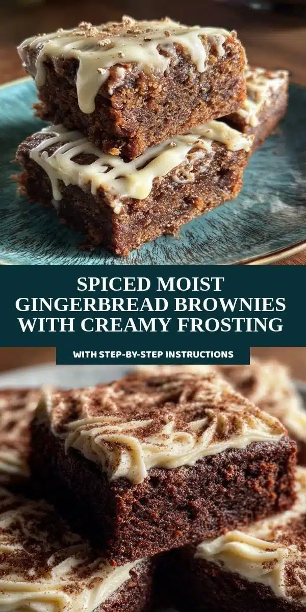 Decadent spiced gingerbread brownies with creamy frosting on top.