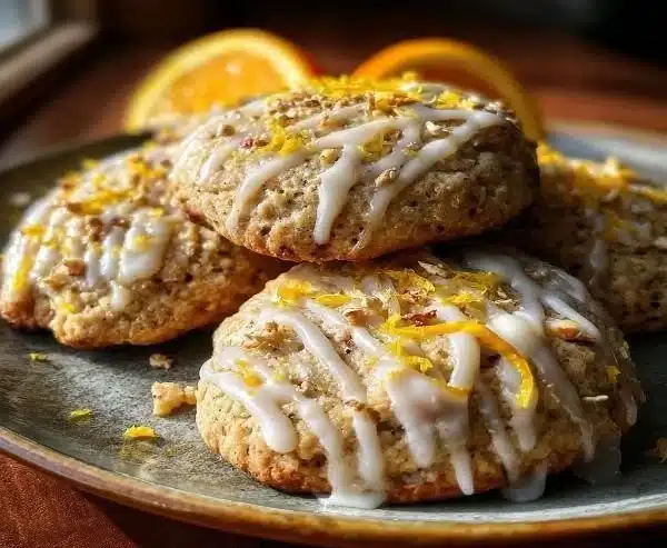 Spiced orange clove cookies drizzled with zesty glaze on a wooden table