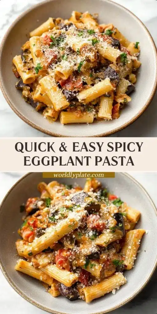 Bowl of spicy eggplant pasta garnished with fresh herbs and parmesan cheese