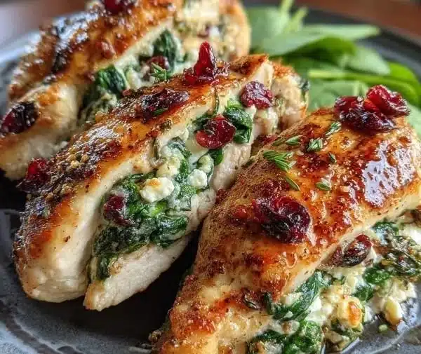 Spinach & Cranberry Stuffed Chicken Breasts 9 Spinach and cranberry stuffed chicken breasts garnished and served on a plate