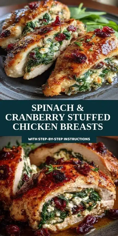 Spinach and cranberry stuffed chicken breasts on a plate with herbs