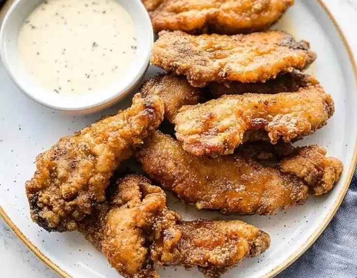 Crispy steak fingers served with dipping sauce on a plate