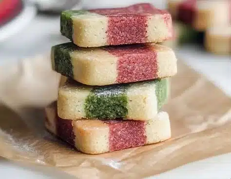 Strawberry matcha shortbread cookies on a white plate