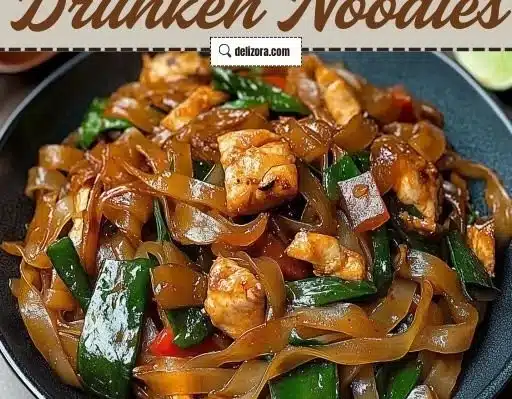 Plate of street style Thai Drunken Noodles garnished with fresh vegetables.