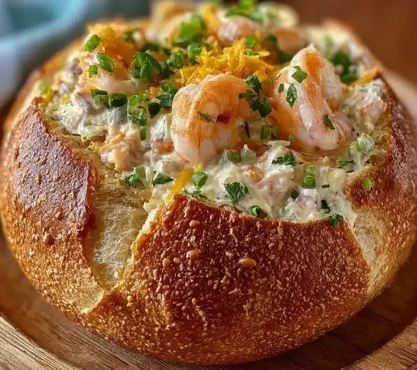 Stuffed seafood bread bowl filled with delicious seafood mix and herbs