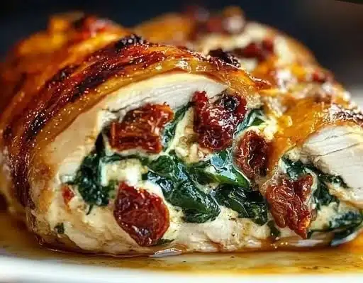 Sundried tomato, spinach, and cheese stuffed chicken on a plate