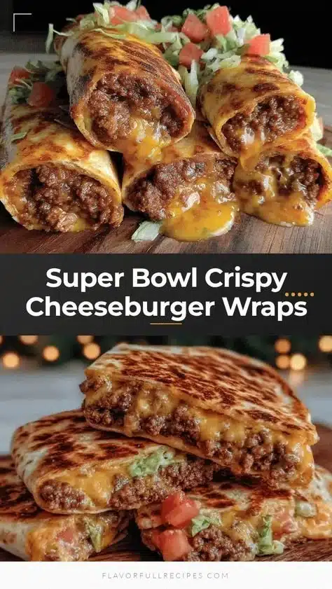 Delicious crispy cheeseburger wraps ready for Super Bowl party.