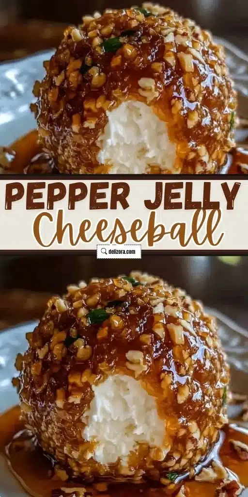 Sweet and Spicy Pepper Jelly Cheeseball served on a festive platter