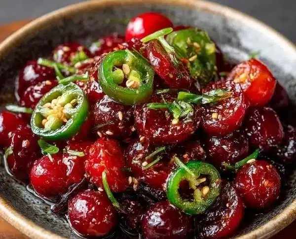 Sweet and spicy cranberry jalapeño cowboy candy in a jar