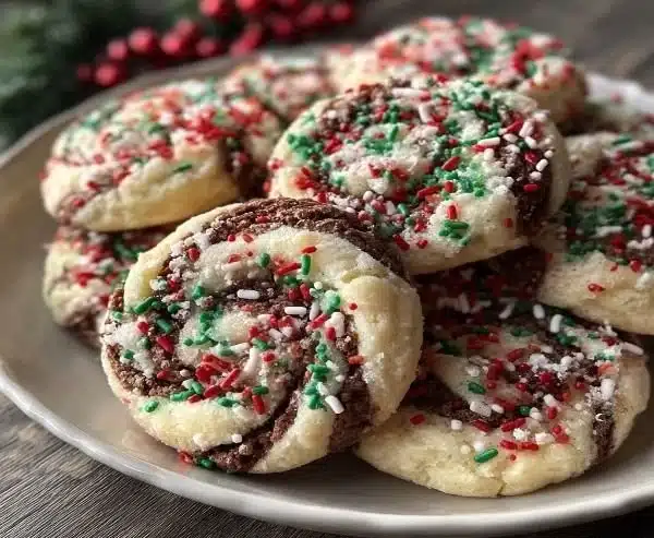 Plated swirled Christmas cookies with red and green icing for the holidays
