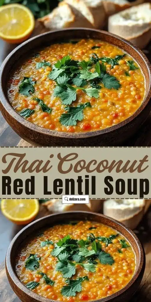 Bowl of Thai Coconut Red Lentil Soup garnished with herbs and spices
