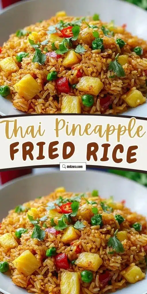 A colorful serving of Thai Pineapple Fried Rice in a pineapple boat, garnished with herbs.