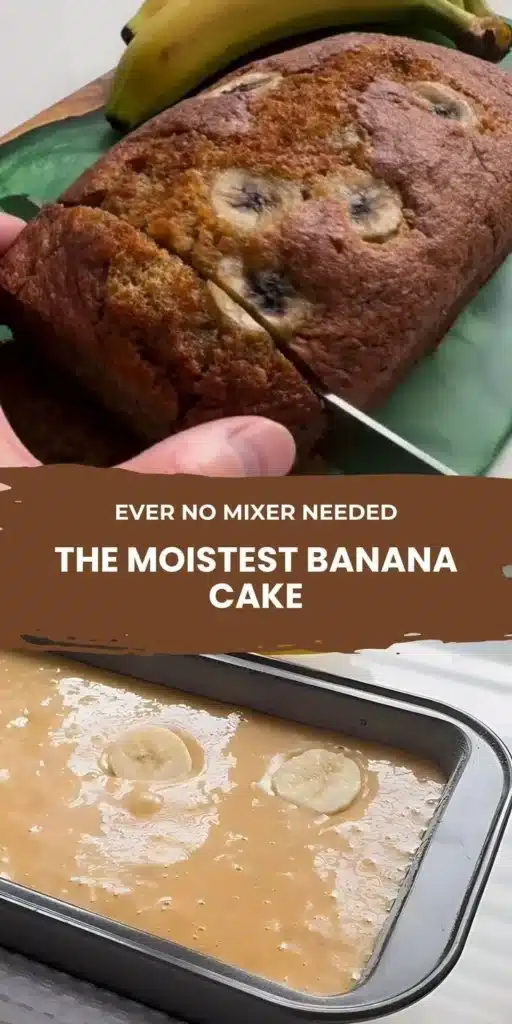 Moist banana cake topped with fresh bananas and icing, baked without a mixer.